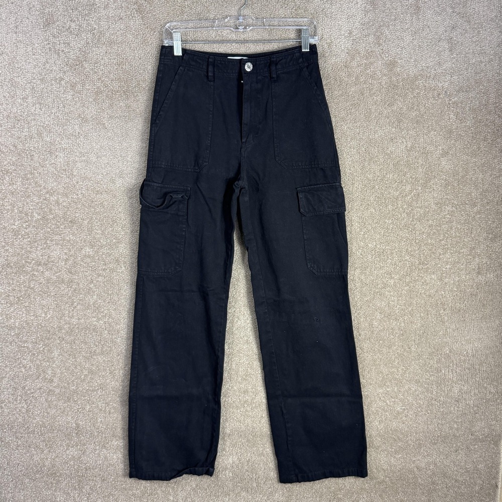 Zara Pants Womens 4 Black Cargo Straight Leg Utility Pockets High‎ Rise Twill